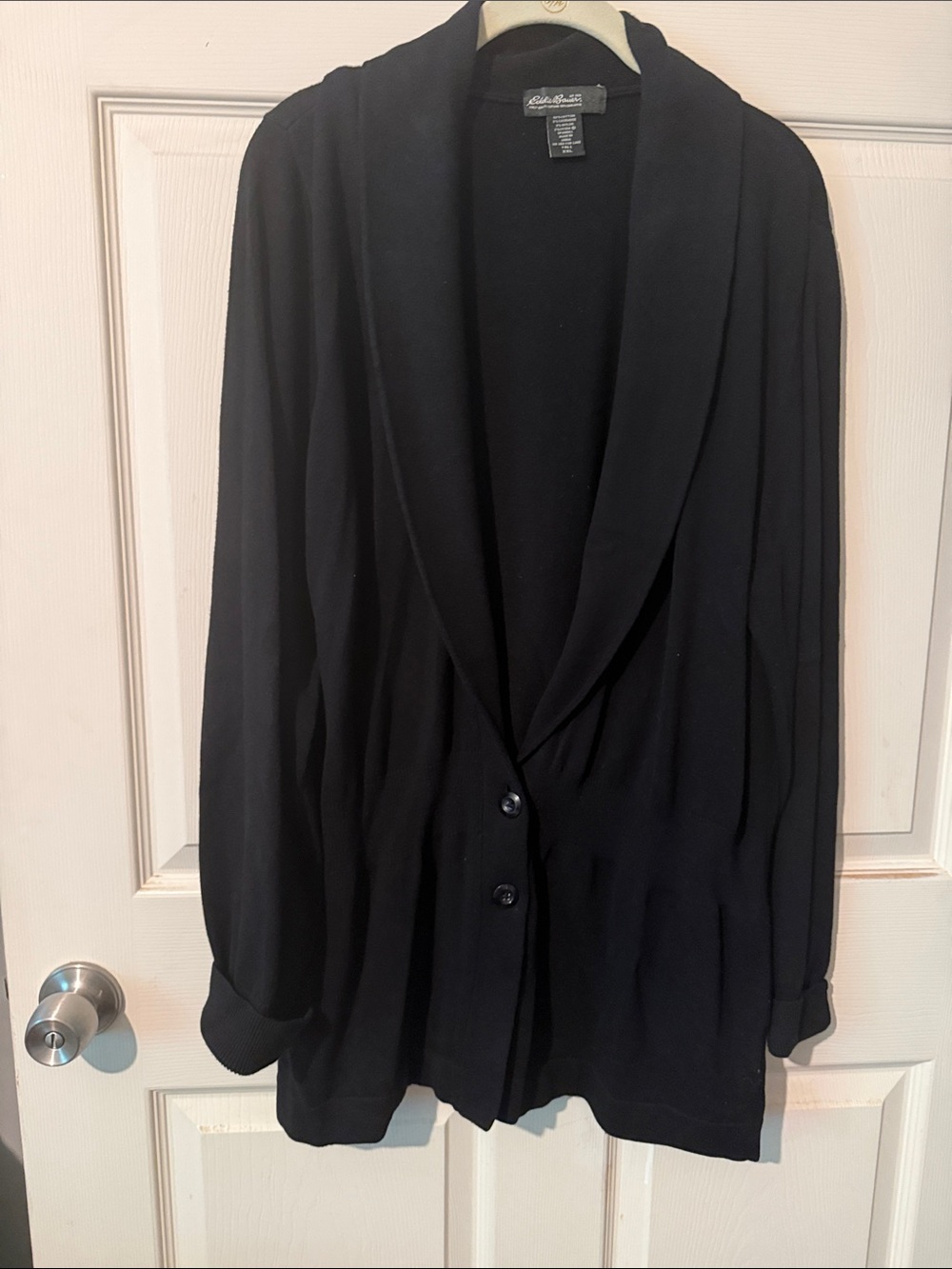 Eddie Bauer Women’s Black Shawl Collar Two-Button Cardigan Sweater Jacket